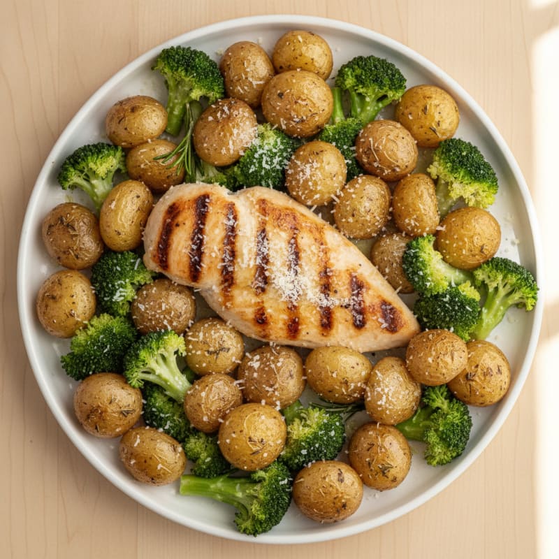 Grilled Chicken Breast with Baby Potatoes and Steamed Broccoli