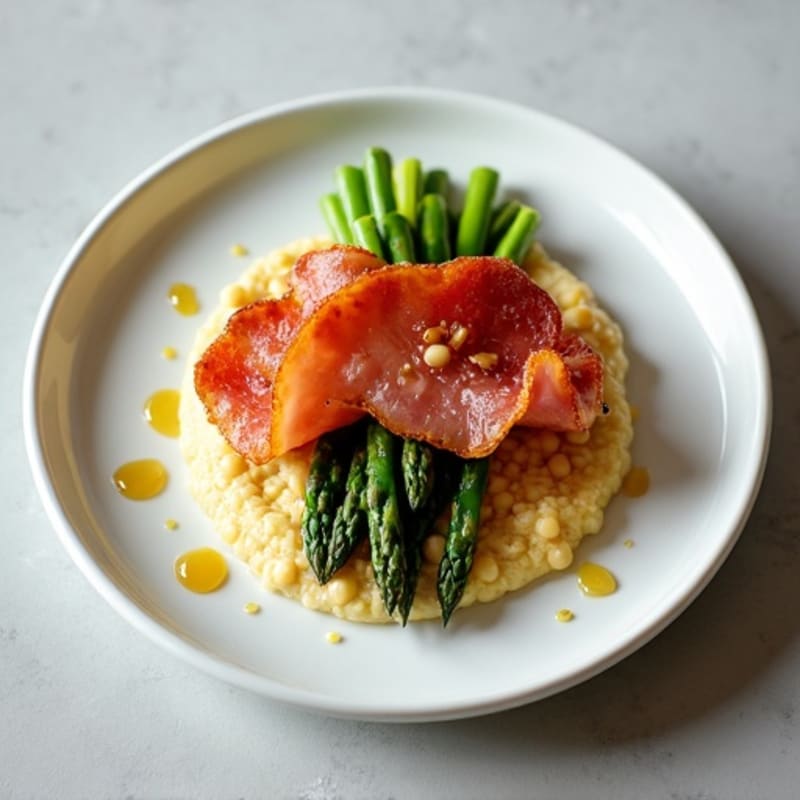 Crispy Jamon with Roasted Asparagus and Creamy White Bean Puree