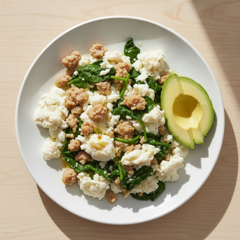 Scrambled Egg Whites with Turkey Sausage and Sautéed Spinach