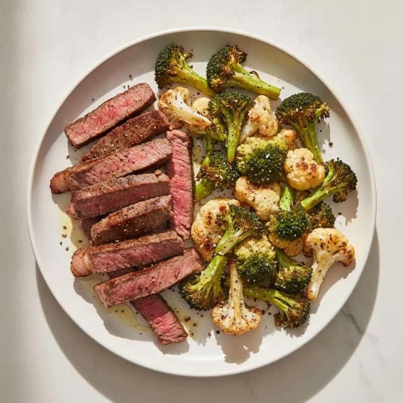 Seared Lean Beef Strips with Roasted Broccoli and Cauliflower