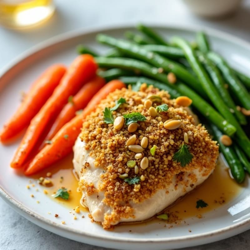 Pistachio-Crusted Honey-Glazed Chicken with Roasted Carrots and Green Beans