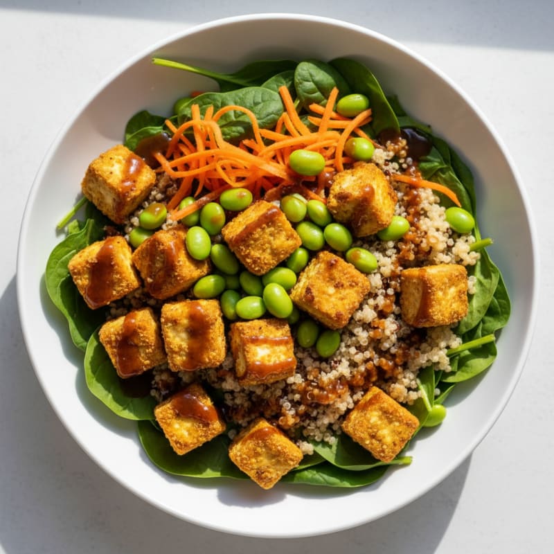 Crispy Tofu and Edamame Power Bowl with Quinoa