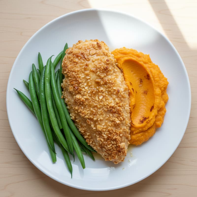 Crispy Baked Chicken Breast with Steamed Green Beans and Sweet Potato Mash