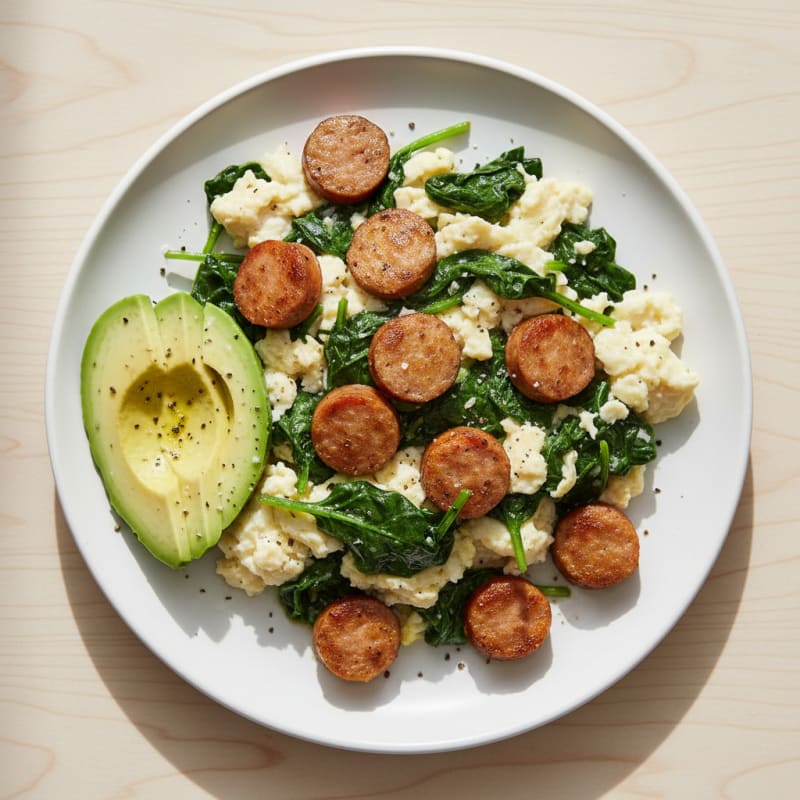 Egg White Scramble with Turkey Sausage and Sautéed Spinach