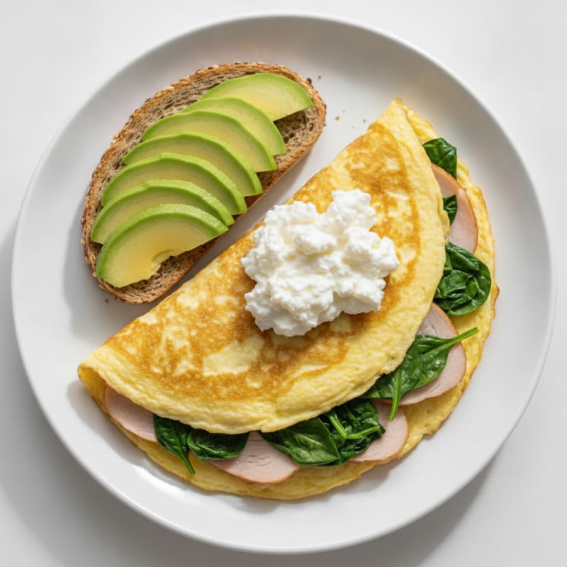 Egg White Spinach Omelet with Cottage Cheese and Sliced Turkey