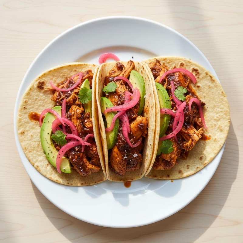 Chicken Adobo Tacos with Pickled Red Onions