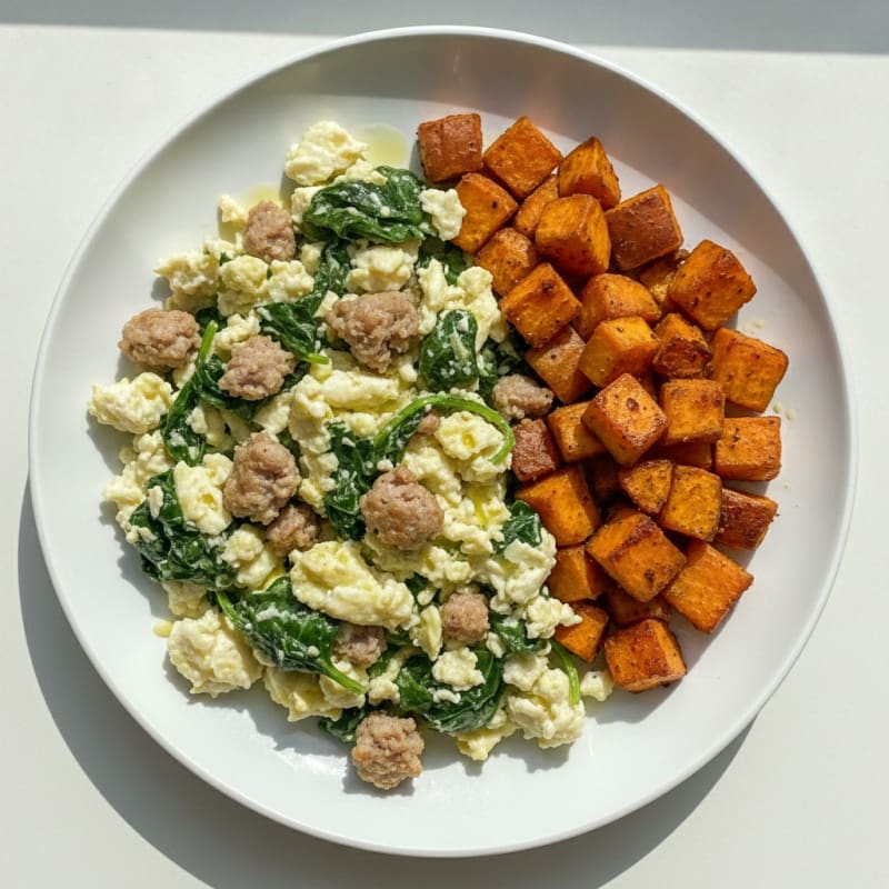 Egg White Spinach Scramble with Turkey Sausage and Roasted Sweet Potato