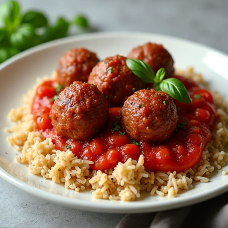 Lean Beef Meatballs with Fresh Tomato Sauce and Fluffy Brown Rice