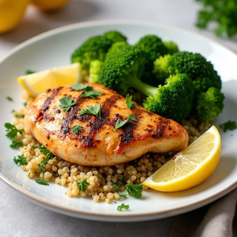 Juicy Rotisserie Chicken Breast with Lemon-Herb Quinoa and Roasted Broccoli