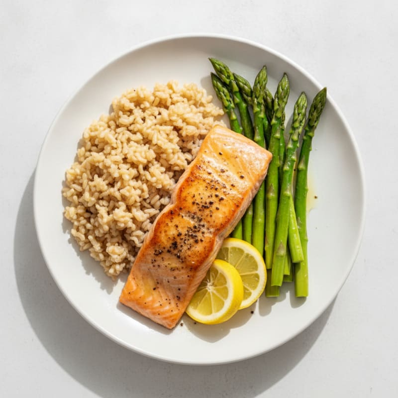 Seared Salmon with Steamed Asparagus and Brown Rice