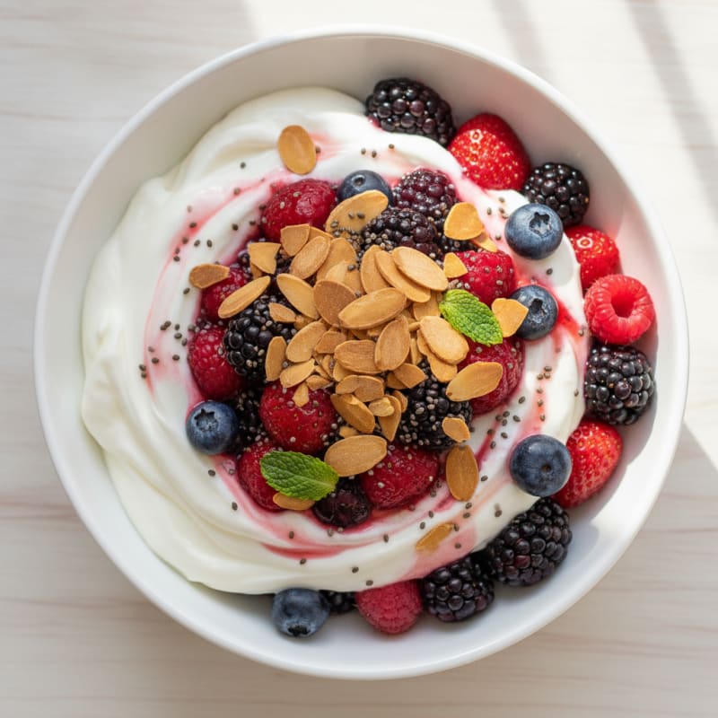 Greek Yogurt Protein Parfait with Mixed Berries and Almonds