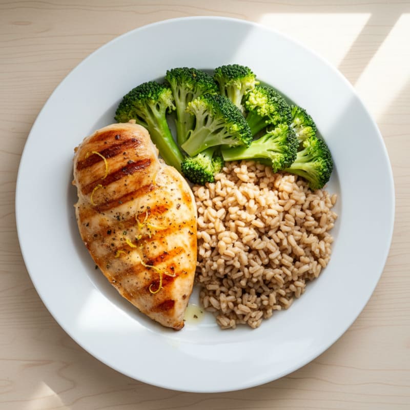 Grilled Chicken Breast with Brown Rice and Steamed Broccoli
