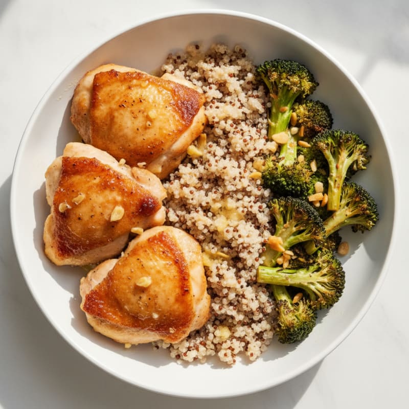 Seared Chicken Thighs with Roasted Broccoli and Quinoa