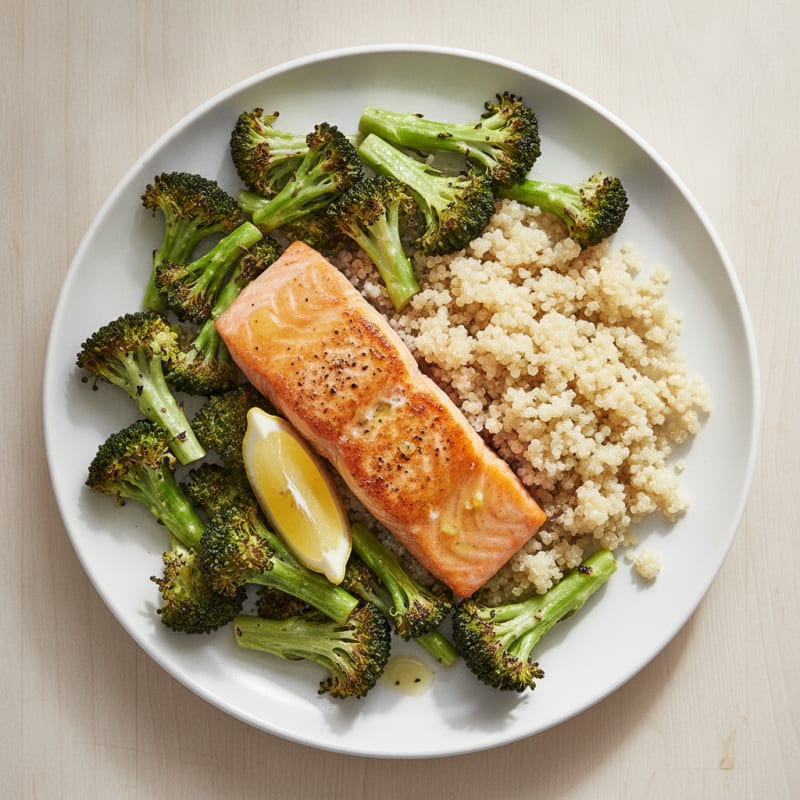 Seared Salmon with Roasted Broccoli and Quinoa