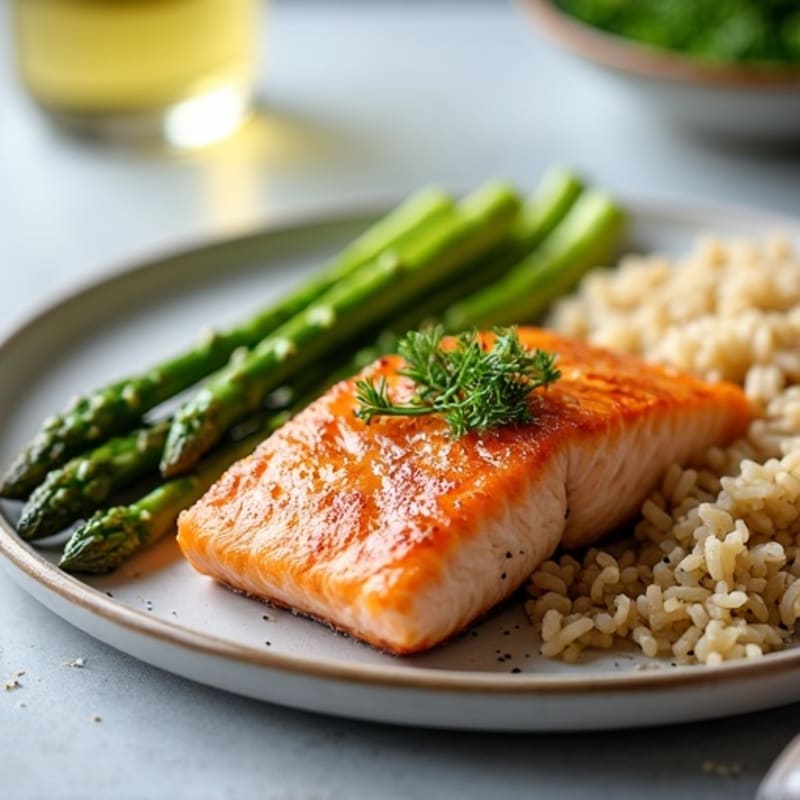 Seared Salmon Fillet with Steamed Asparagus and Brown Rice