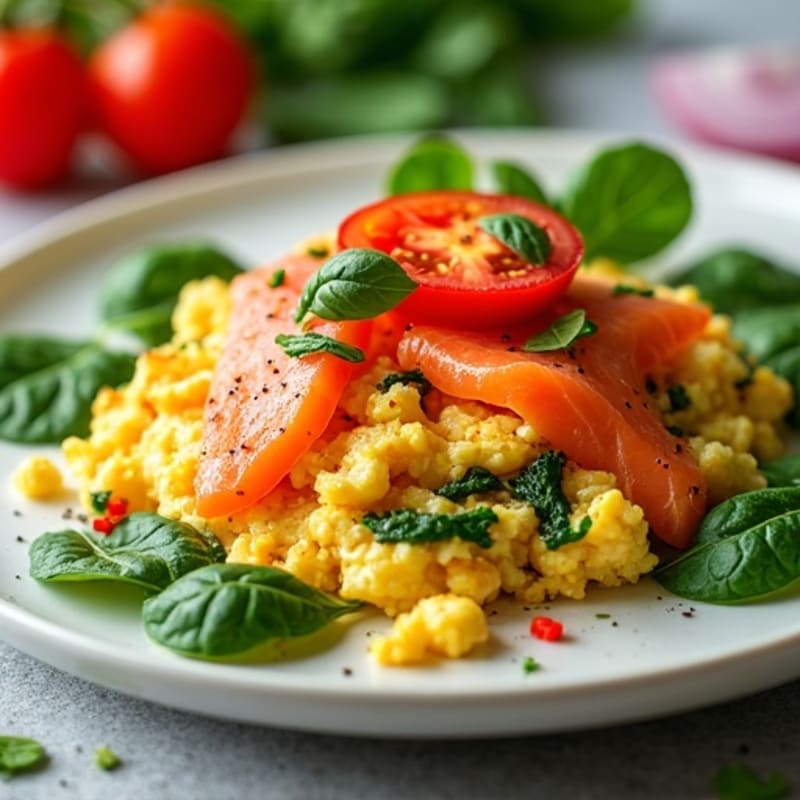 Smoked Salmon Scramble with Spinach and Tomatoes