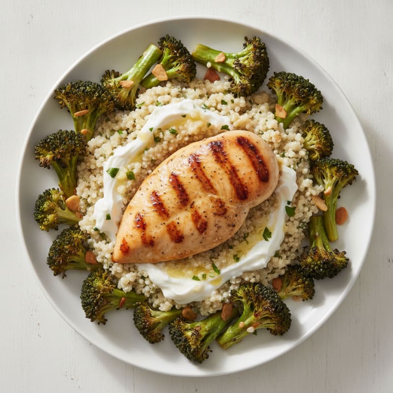 Grilled Chicken Breast with Creamy Quinoa and Roasted Broccoli