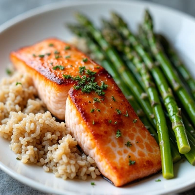 Seared Salmon Fillet with Steamed Asparagus and Brown Rice