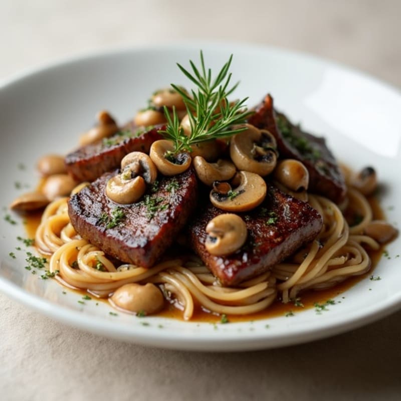 Garlic-Herb Seared Beef Tips with Mushroom Sauce