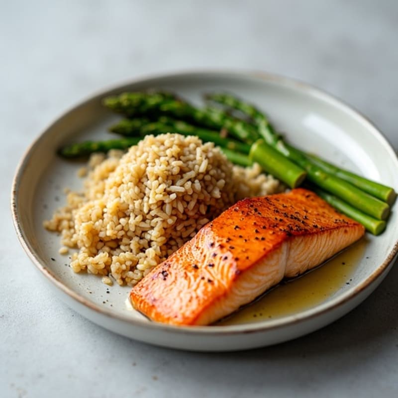 Seared Salmon with Steamed Asparagus and Brown Rice