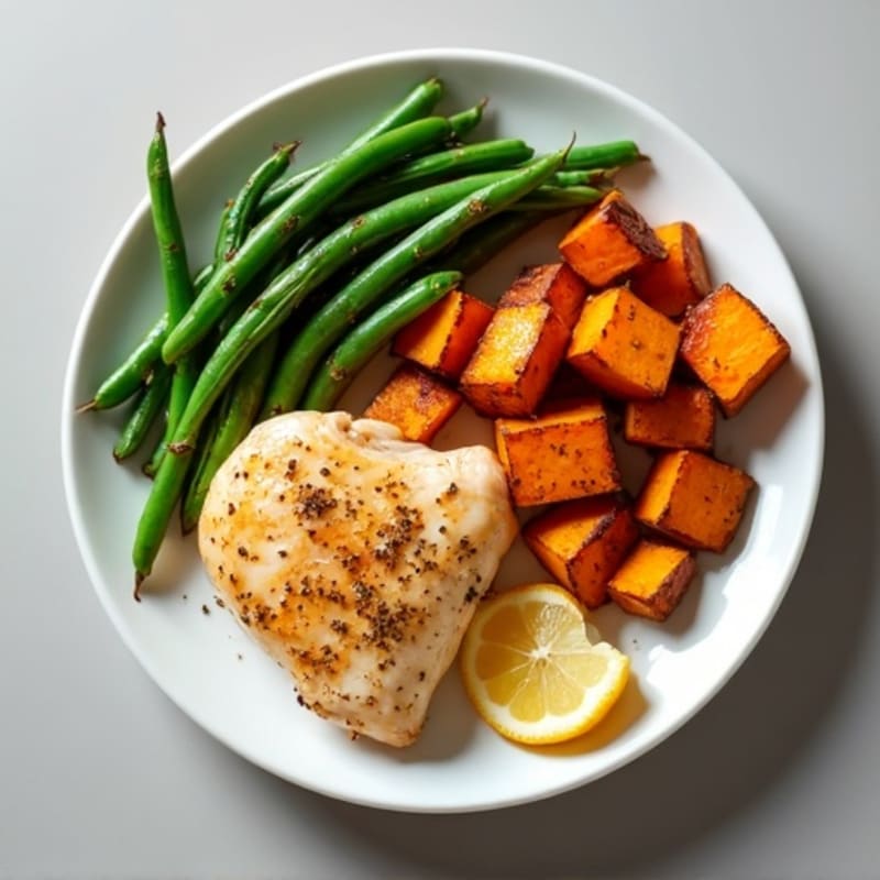 Lemon-Garlic Roasted Chicken with Roasted Sweet Potatoes and Green Beans