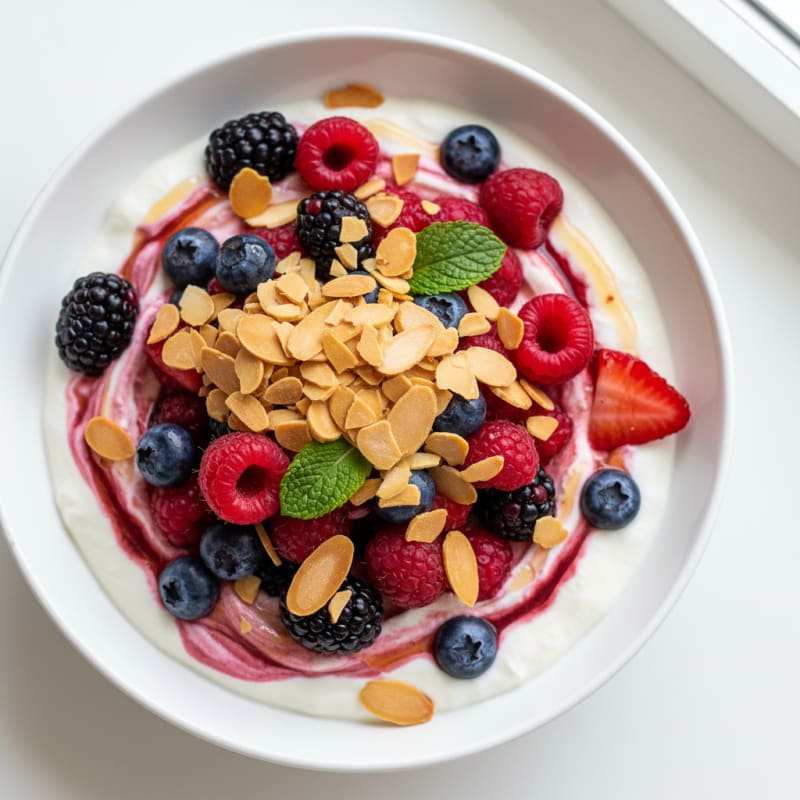 Greek Yogurt Protein Parfait with Mixed Berries and Almonds