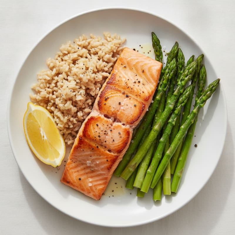 Seared Salmon with Steamed Asparagus and Brown Rice