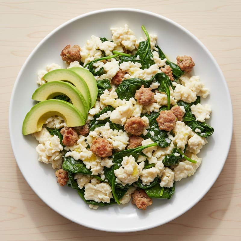 Egg White and Turkey Sausage Scramble with Sautéed Spinach