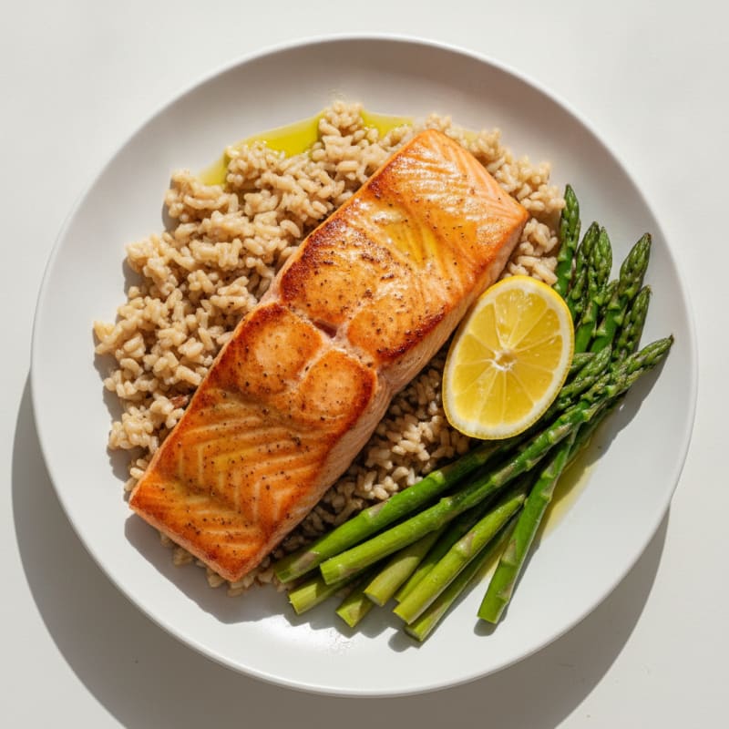 Seared Salmon with Steamed Asparagus and Brown Rice