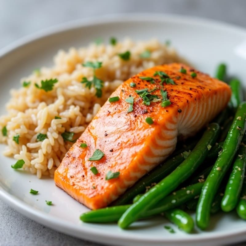 Seared Salmon with Garlic Green Beans and Brown Rice