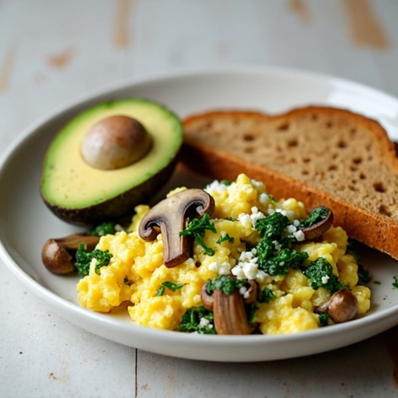 Egg White Spinach Scramble with Cottage Cheese and Sautéed Mushrooms