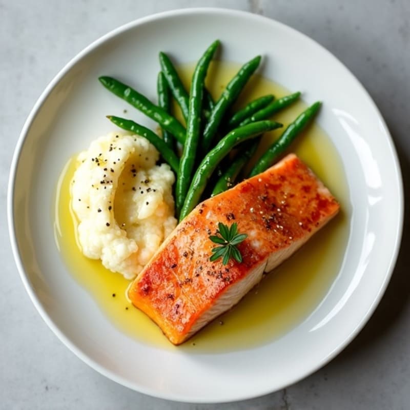 Seared Salmon with Steamed Green Beans and Cauliflower Mash