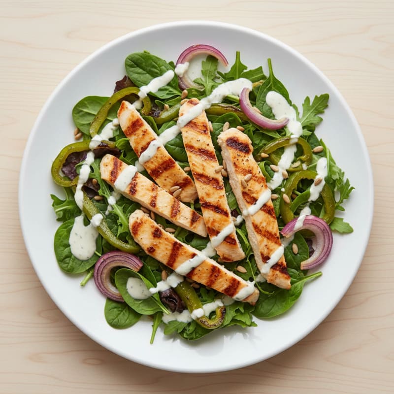 Grilled Chicken Strip Salad with Green Peppers and Onions