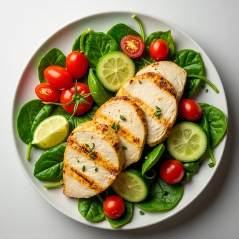 Grilled Chicken Salad with Creamy Avocado Dressing and Fresh Spinach