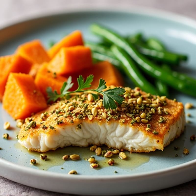 Pistachio-Crusted Cod with Roasted Sweet Potato and Crispy Green Beans
