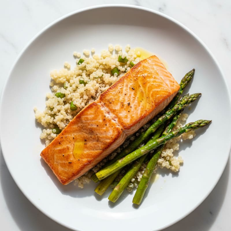 Seared Salmon Fillet with Roasted Asparagus and Quinoa