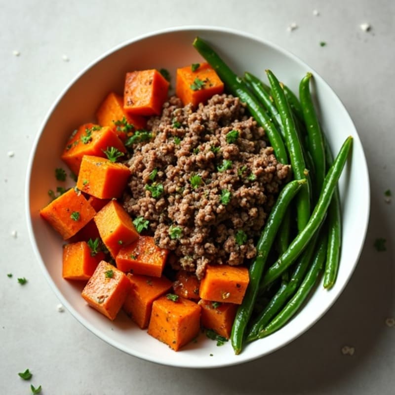 Herb-Seasoned Ground Beef Bowl with Roasted Sweet Potato and Garlic Green Beans