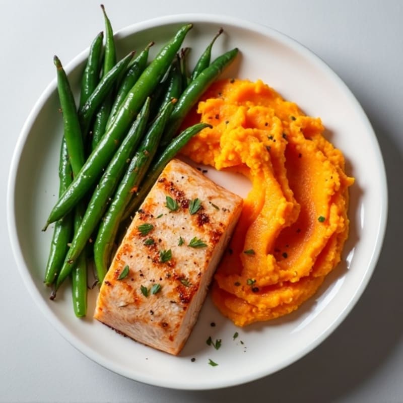 Seared Salmon with Garlic Green Beans and Sweet Potato Mash