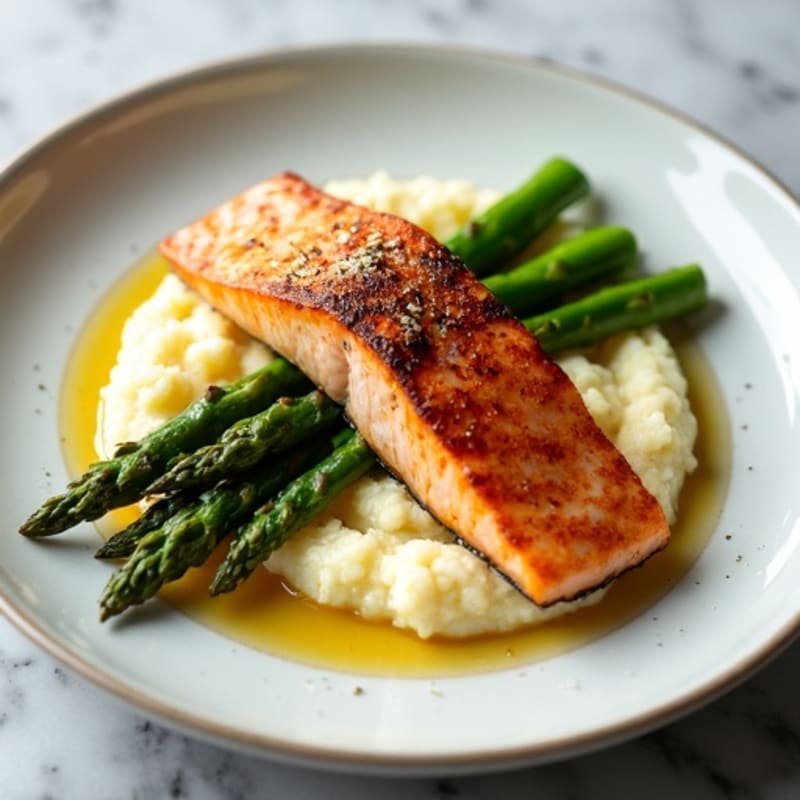 Seared Salmon Fillet with Steamed Asparagus and Cauliflower Mash