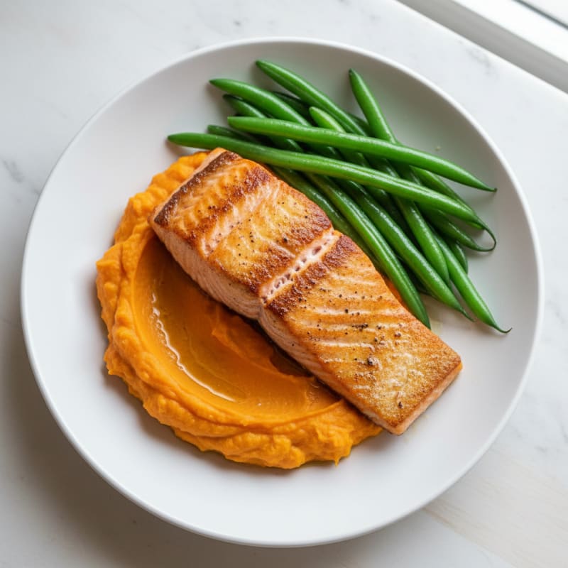 Seared Salmon Fillet with Steamed Green Beans and Sweet Potato Mash