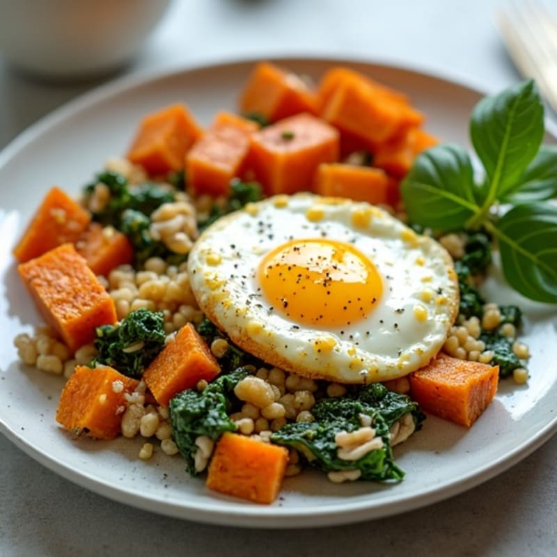 Egg White and Turkey Spinach Scramble with Roasted Sweet Potatoes