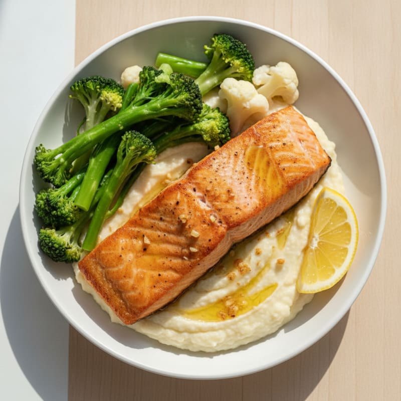 Seared Salmon Fillet with Steamed Broccoli and Cauliflower Mash