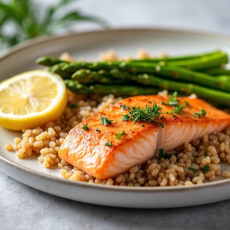 Seared Salmon Filet with Steamed Asparagus and Brown Rice