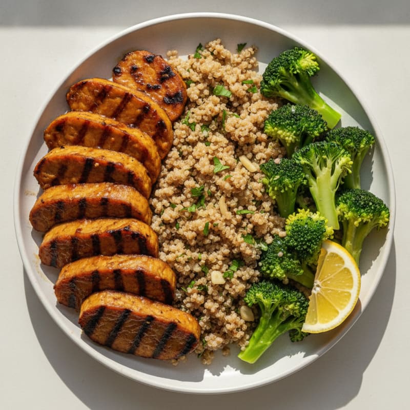 Grilled Tempeh with Steamed Broccoli and Garlic Herb Quinoa
