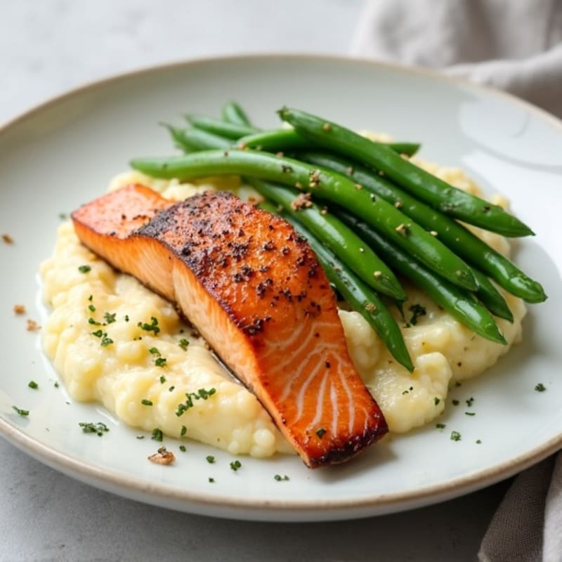 Seared Salmon with Steamed Green Beans and Cauliflower Mash
