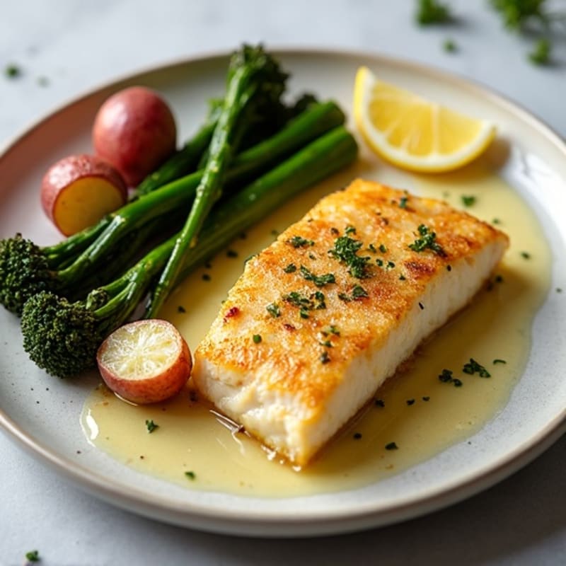 Oven-Baked Cod with Crispy Roasted Potatoes and Garlic-Charred Broccolini