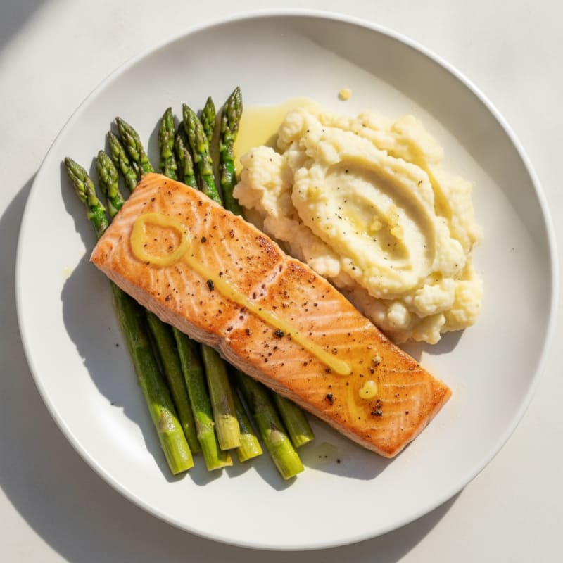 Seared Salmon Filet with Roasted Asparagus and Garlic Mashed Cauliflower