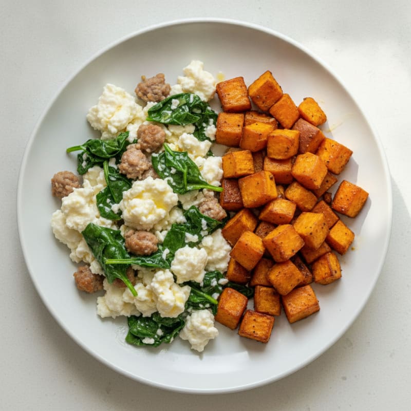 Egg White and Turkey Sausage Scramble with Spinach and Roasted Sweet Potato