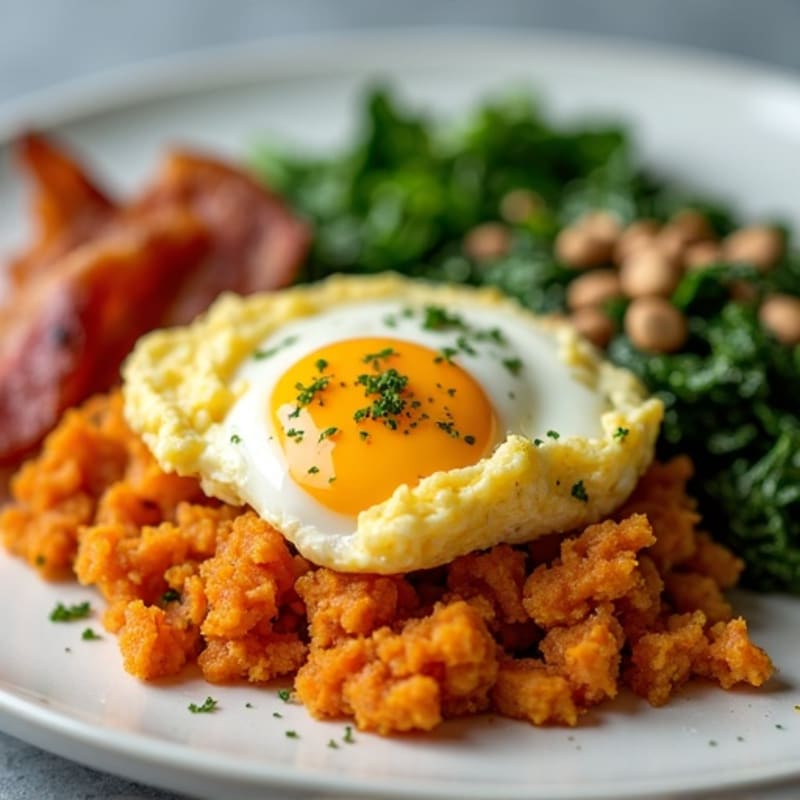 Fluffy Scrambled Eggs with Roasted Sweet Potato Hash and Sautéed Greens