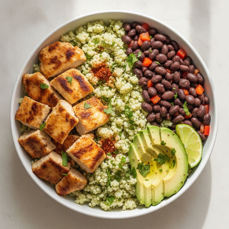 Grilled Chicken and Black Bean Burrito Bowl with Cilantro Lime Rice